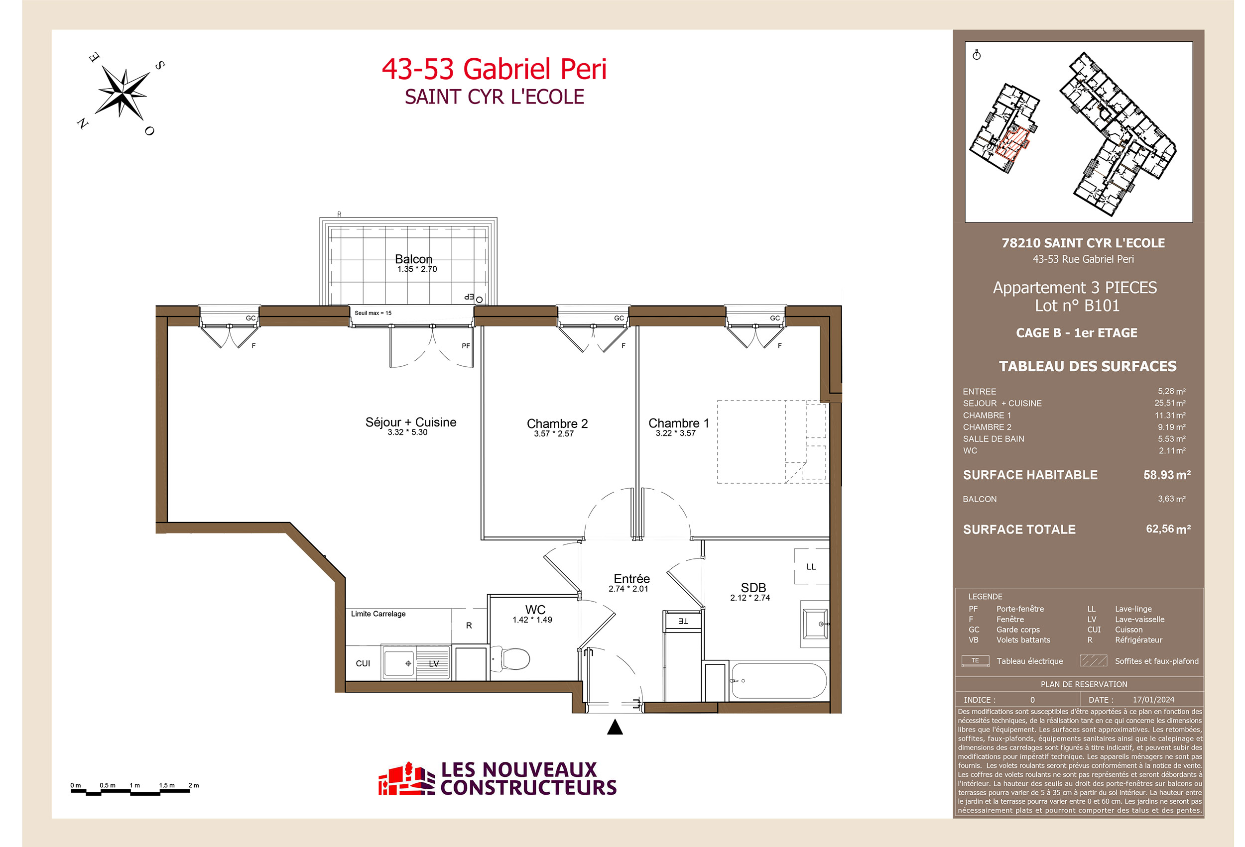 SAINT CYR L'ECOLE - Gabriel Peri - Lot b101 - 3 pièces